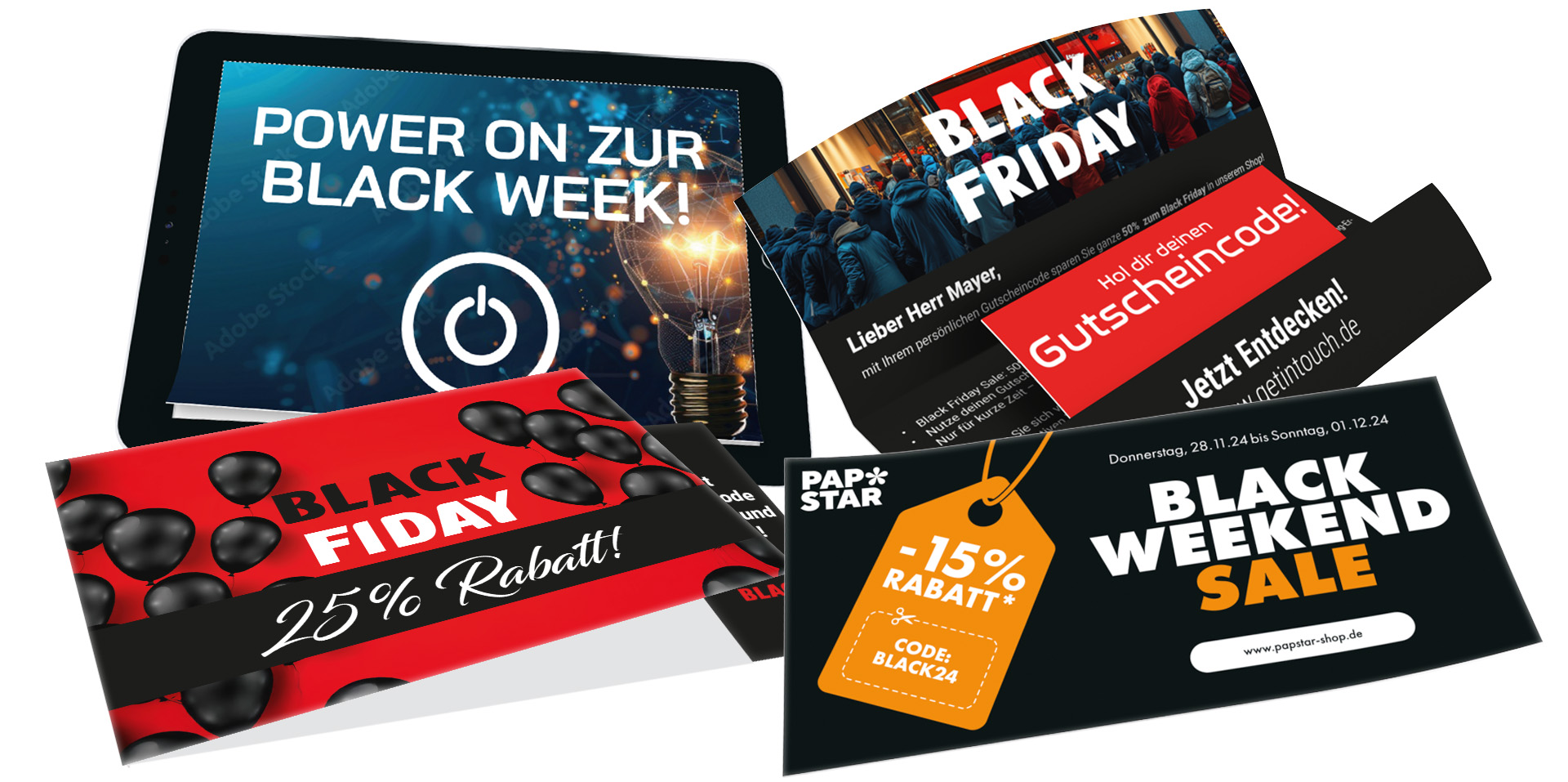 Black Friday Mailings als Marketing-Idee Header - Tablet-, Voucher-Mail, Postkarte, Klappkarte