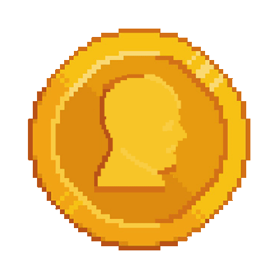 eine verpixelte Goldmünze mit aufgeprägtem Portrait.