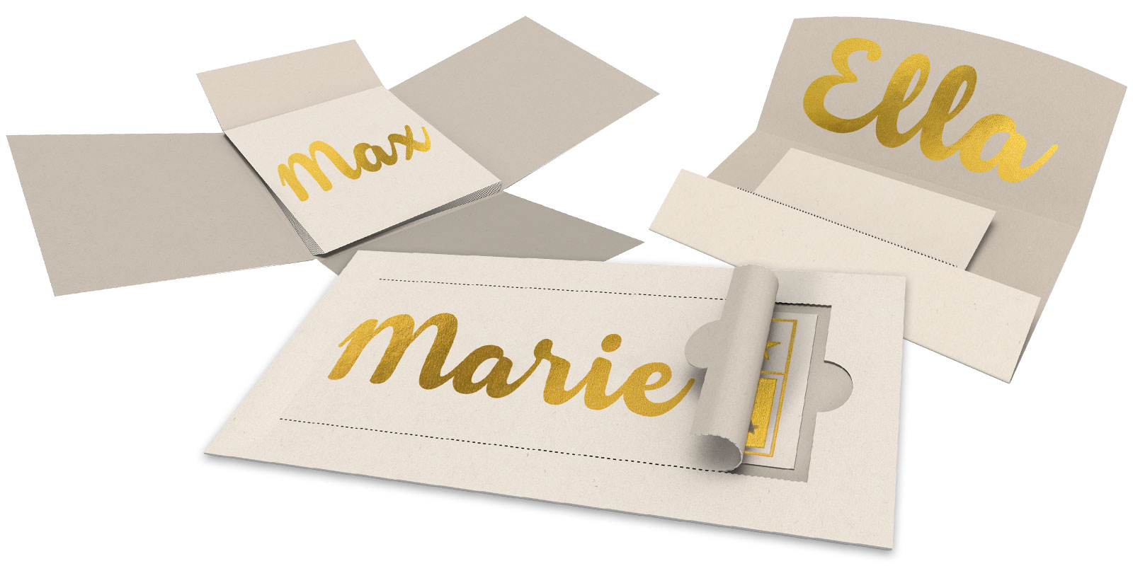 3 Mailings mit Namen in Gold gedruckt