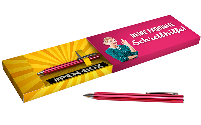  Giveaway Kugelschreiber Pen Box offen mit Stift