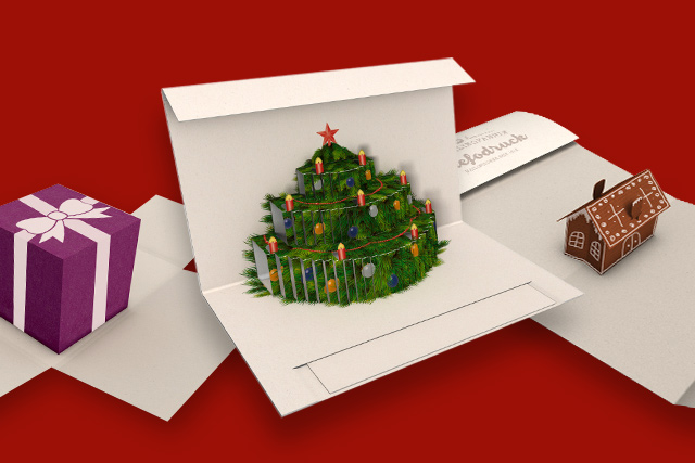 Zeigt Weihnachtsmailings auf rotem Hintergrund.