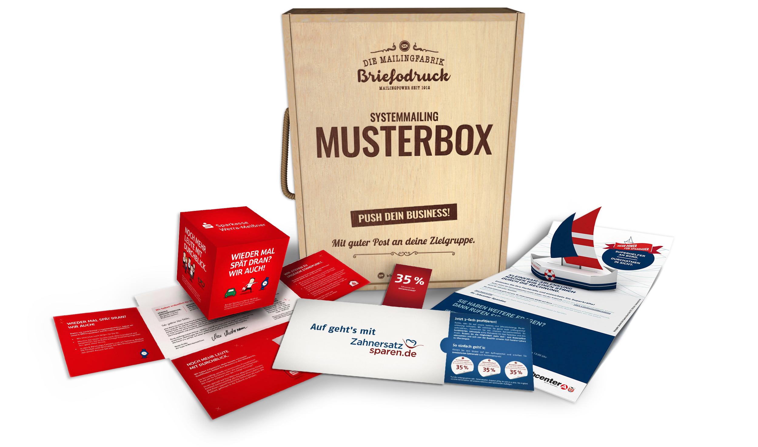 Die Musterbox von Briefodruck Box mit Mailing-Mustern von Briefodruck
