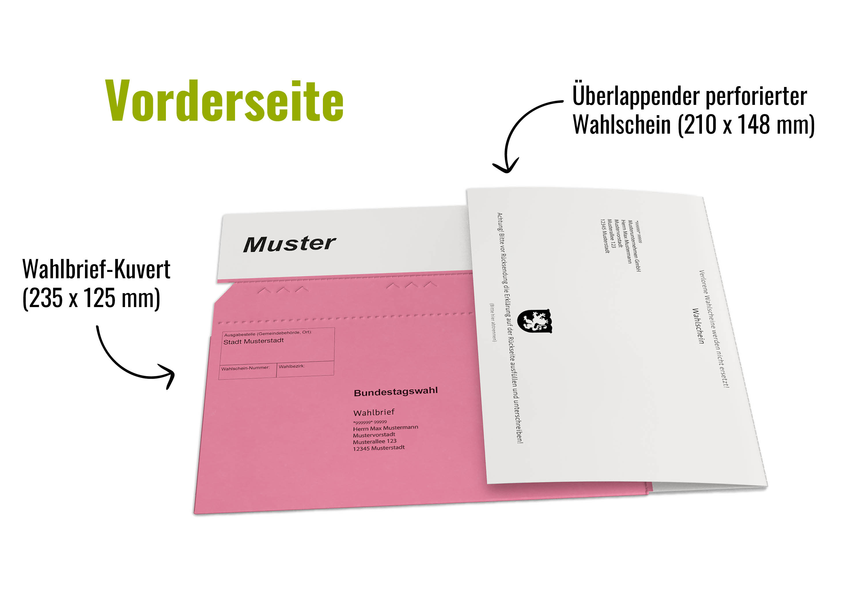 Kombi-Wahlschein Größe L Vorderseite mit Wahlbrief-Kuvert und Überlappend, perforiertem Wahlschein