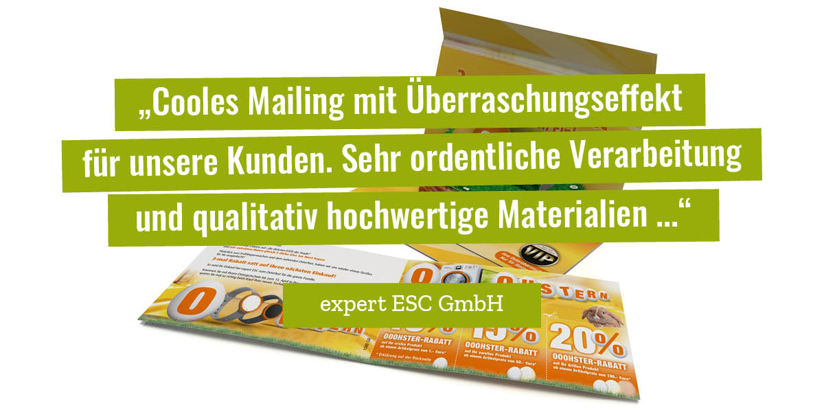 Kundenmeinung: „Cooles Mailing mit Überraschungseffekt für unsere Kunden. Sehr ordentliche Verarbeitung und qualitativ hochwertige Materialien ...“